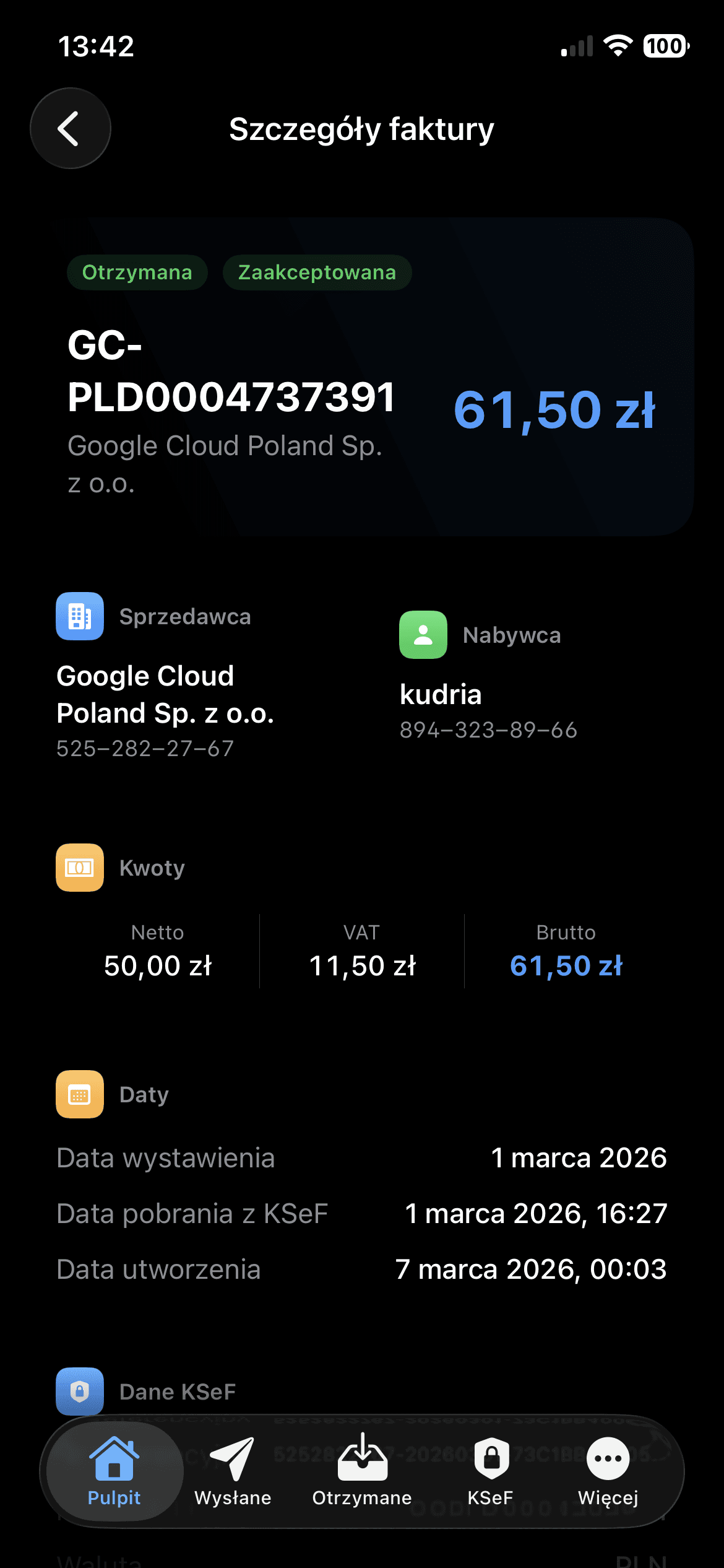 Szczegóły faktury w KSeF Desk