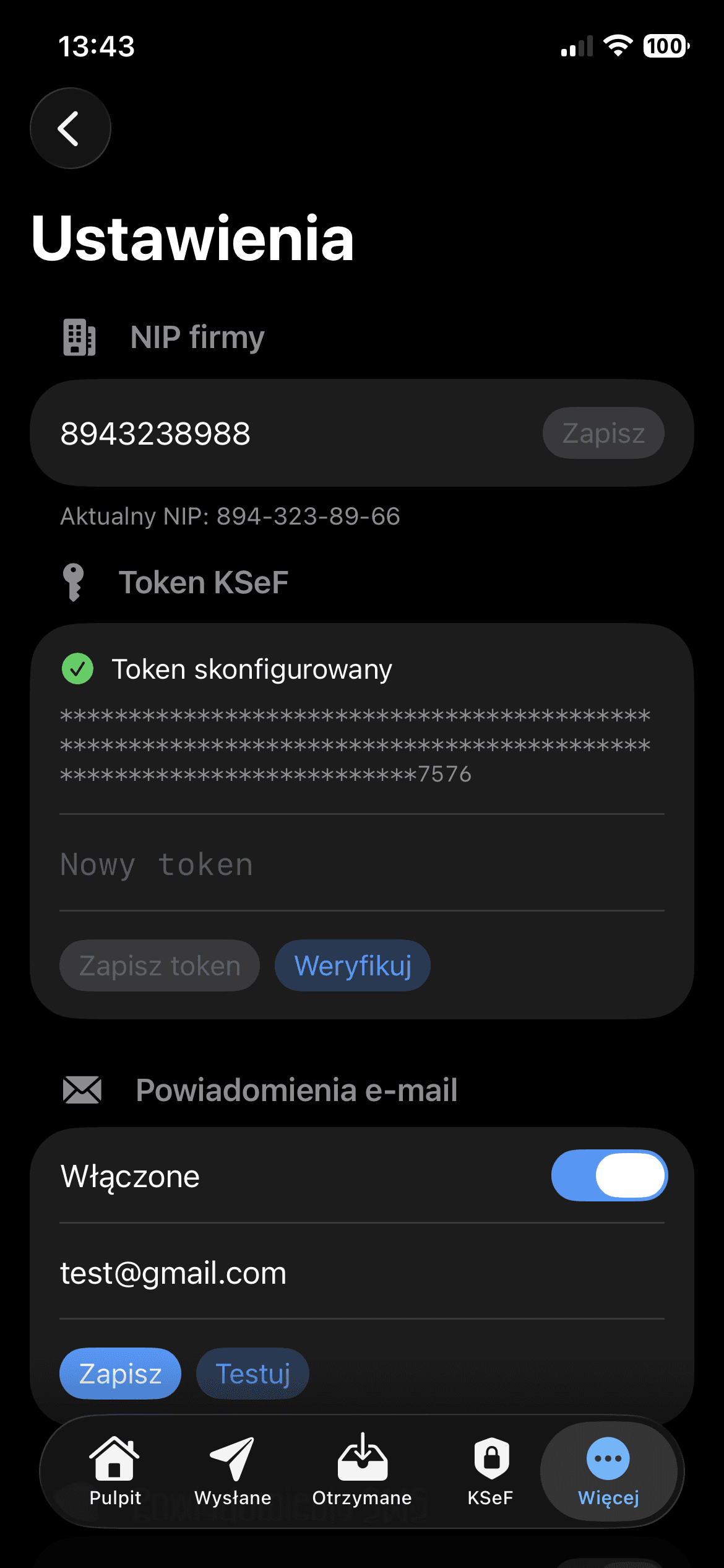 Ustawienia tokenu KSeF i powiadomień